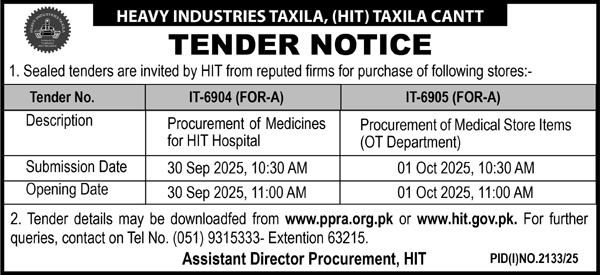 Heavy Industries Taxila Tender Notice